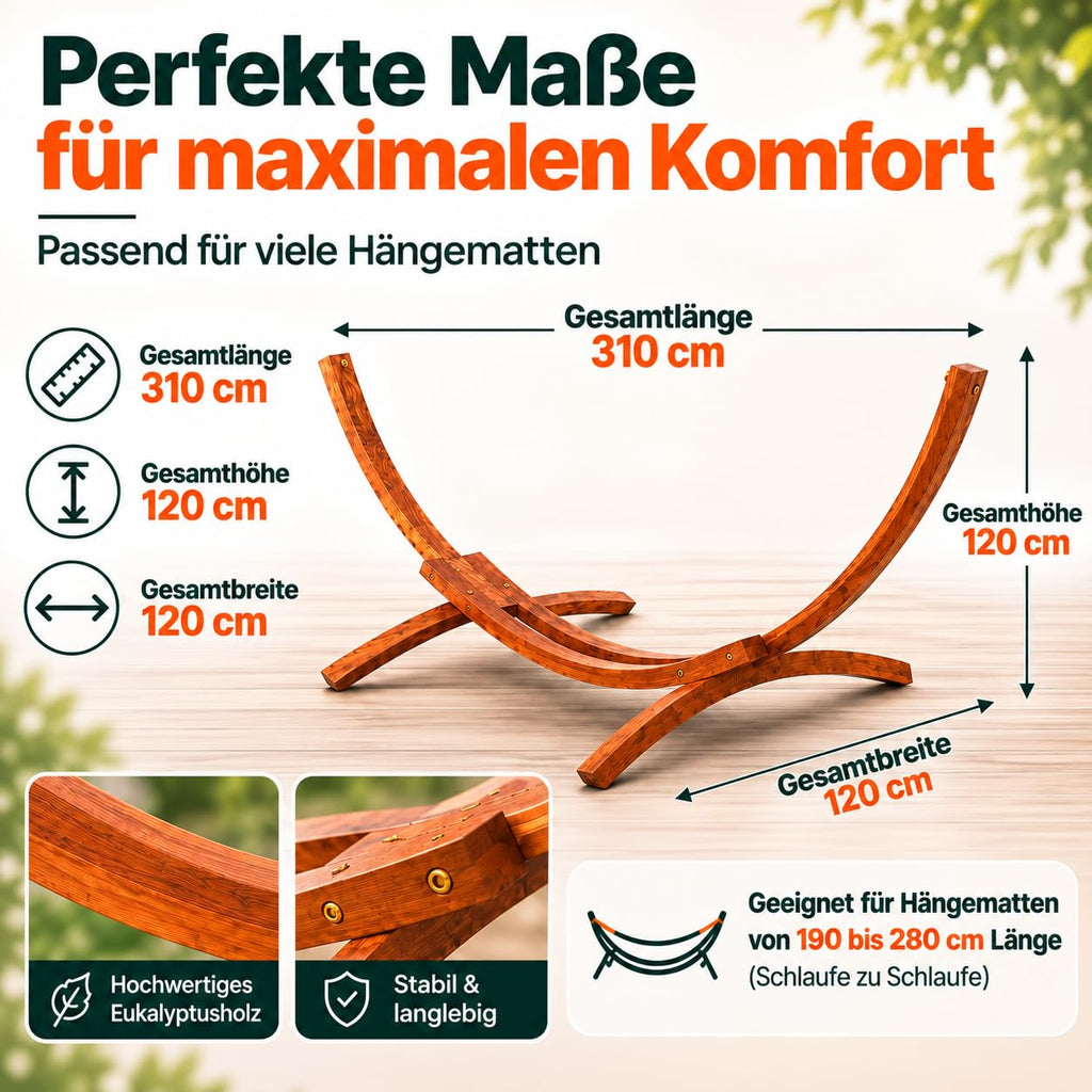 Outdoor Hängemattengestell Modell 24 aus Eukalyptusholz robust wetterfest stabil für Garten Terrasse Balkon