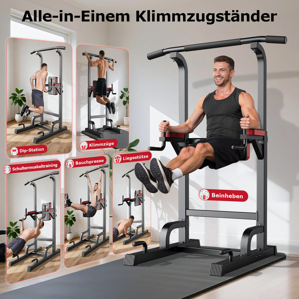 Power Tower Dip Station Klimmzugstange höhenverstellbar multifunktional für Heimtraining mit Elastikseilen