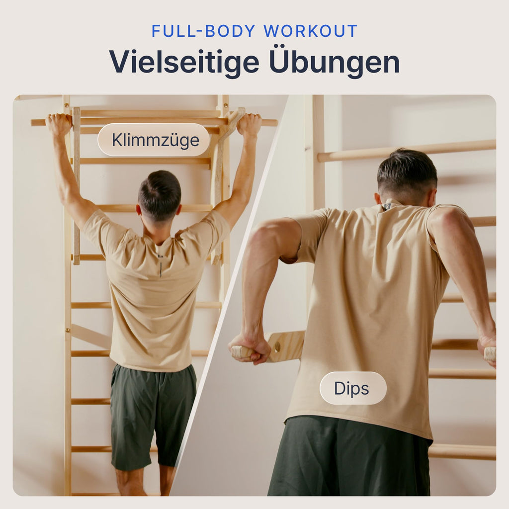 Sprossenwand für Erwachsene und Kinder mit Klimmzugstange und Dip Extension Kletterwand fürs Kinderzimmer