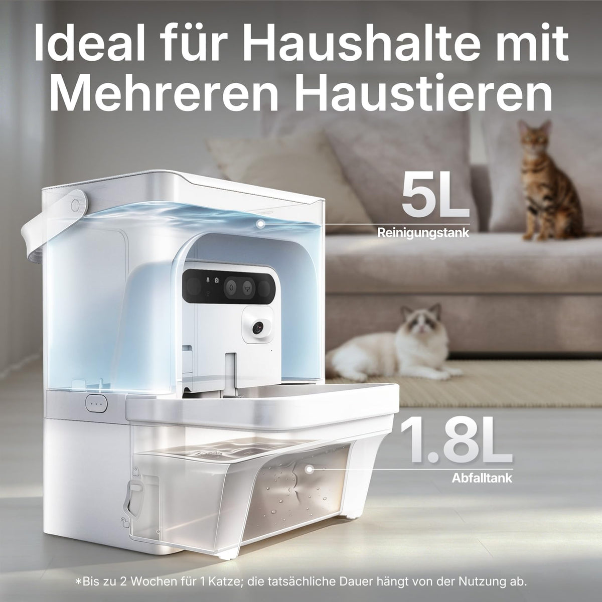 EverSweet Ultra Trinkbrunnen mit KI Kamera 5L Frisch und Abwassertrennung filterlos für Katzen und Kleinhunde