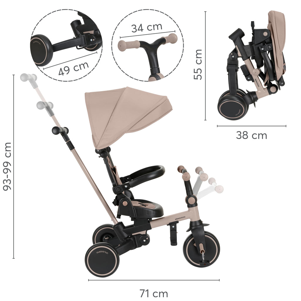 Dreirad mit Schubstange 8 in 1 ALUMA faltbares Kinderfahrzeug drehbarer Sitz 5 Punkt Gurt Alu beige