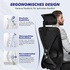 Ergonomischer Bürostuhl verstellbare Armlehnen Kopfstütze Naturschwamm Lendenstütze Wippfunktion 200kg Schwarz