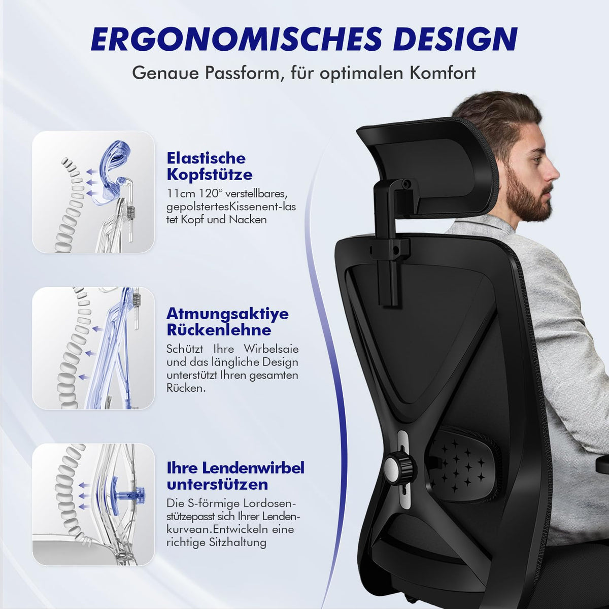 Ergonomischer Bürostuhl verstellbare Armlehnen Kopfstütze Naturschwamm Lendenstütze Wippfunktion 200kg Schwarz