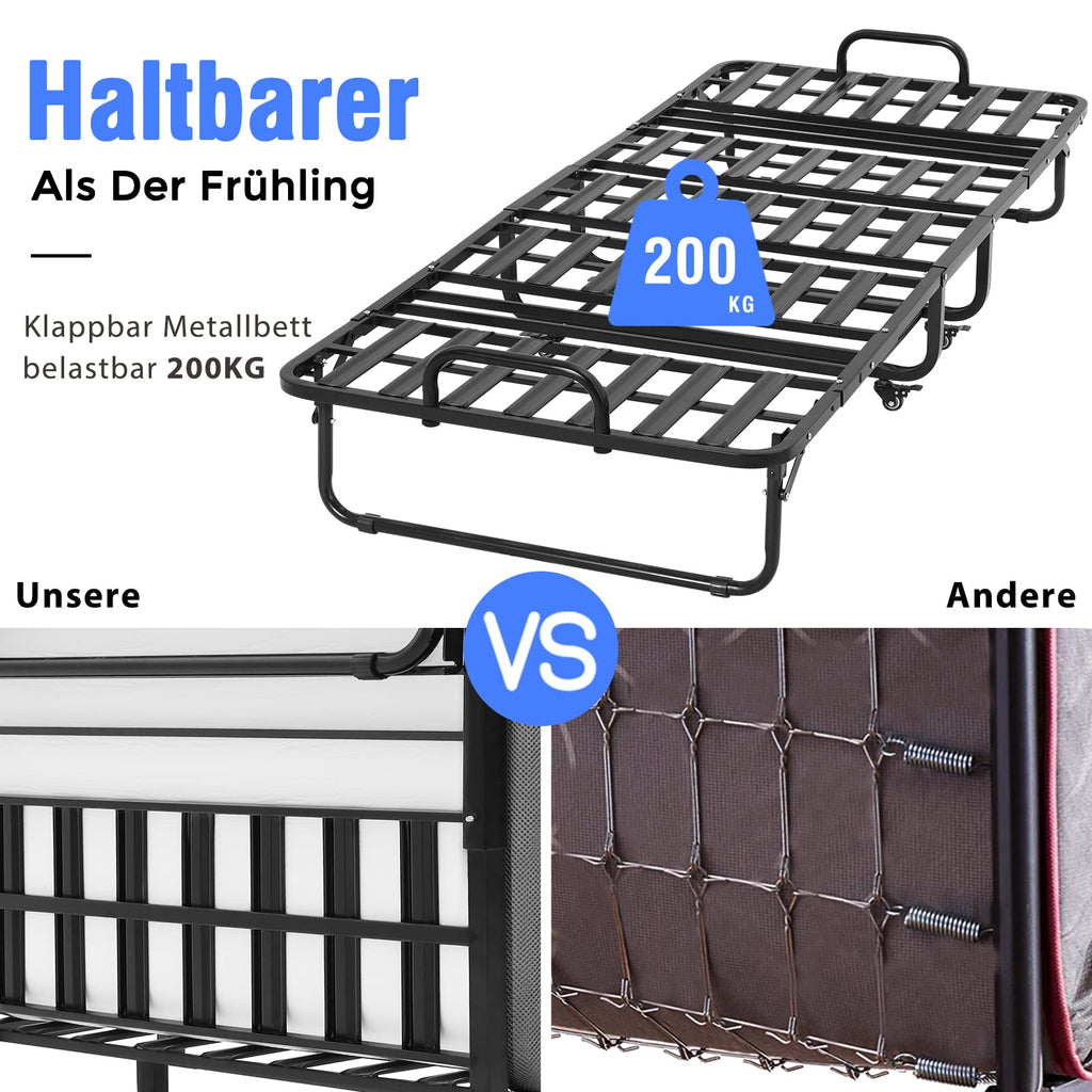 Klappbett 90x200 cm Erwachsene Gästebett 13cm Gedächtnisschaum Matratze klappbar Metallrahmen Rollen bis 200kg