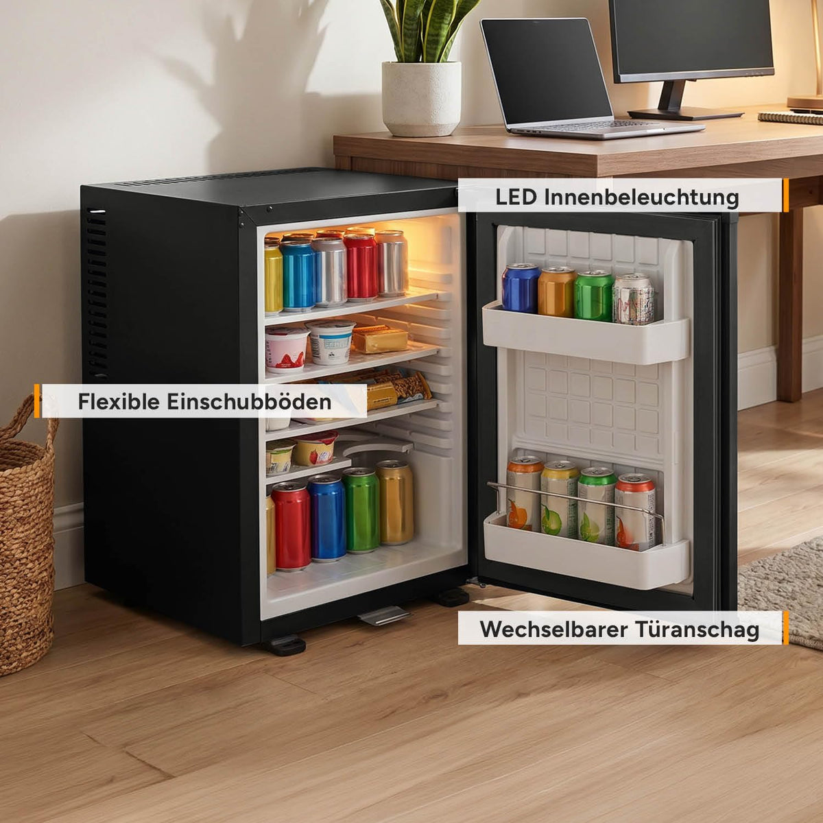 Minikühlschrank 40L lautlos abschließbar, Türanschlag wechselbar, Innenbeleuchtung, Minibar, Energieklasse E