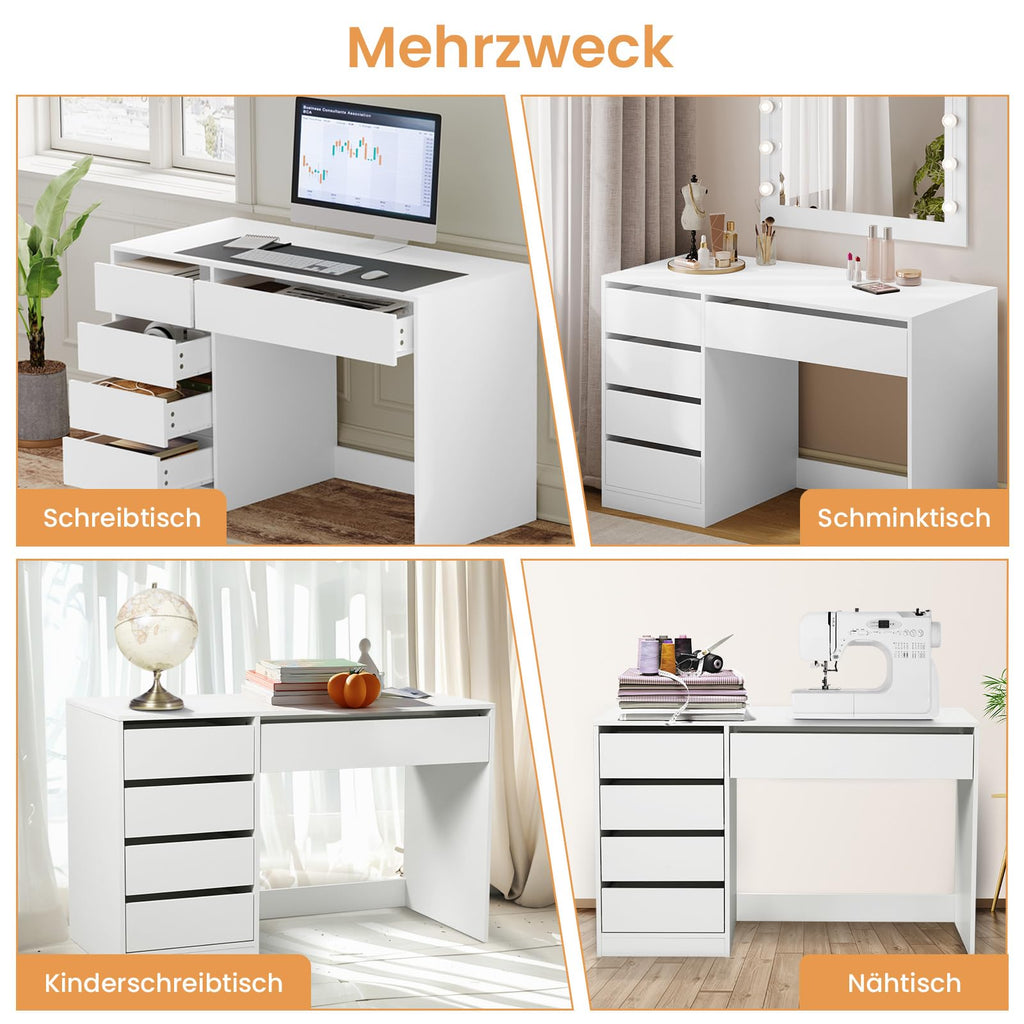 Schminktisch Weiß mit 5 Schubladen ohne Spiegel, Schreibtisch PC Tisch mit Stauraum, Jugendzimmer 120x55x75 cm