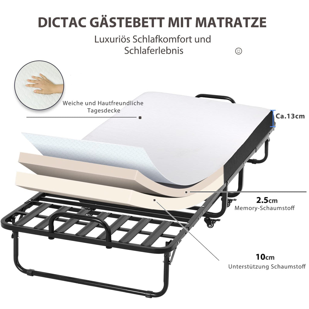 Klappbett 90x200 cm Erwachsene Gästebett 13cm Gedächtnisschaum Matratze klappbar Metallrahmen Rollen bis 200kg