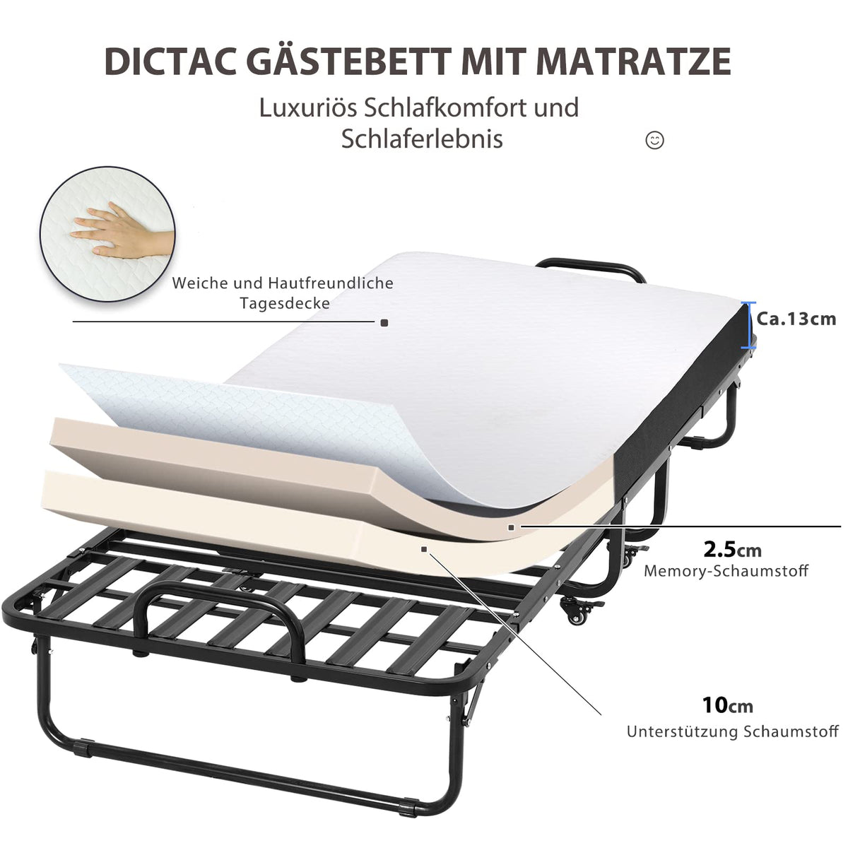 Klappbett 90x200 cm Erwachsene Gästebett 13cm Gedächtnisschaum Matratze klappbar Metallrahmen Rollen bis 200kg