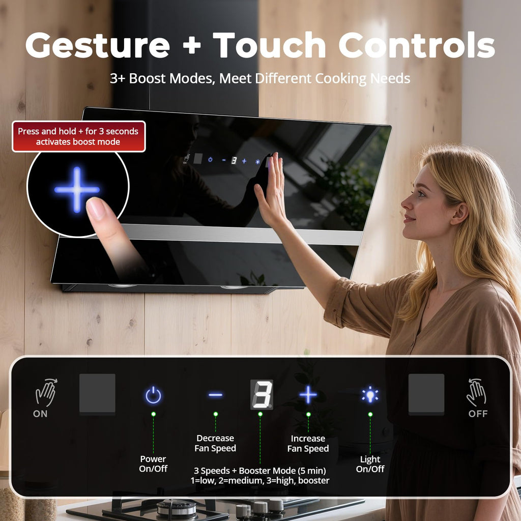 Dunstabzugshaube 60 cm 450 m³ pro Stunde mit Gestensteuerung und Touchscreen Energieklasse A+++ für Küche