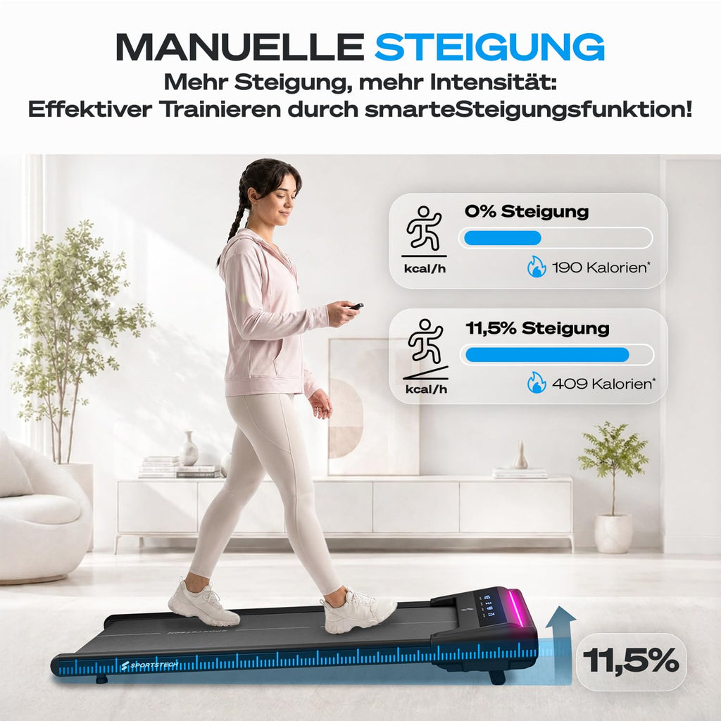 Walking Pad Laufband sWalk Lite, 6% Steigung, 6 km/h, LED, App, Fernbedienung, leise, flach, bis 150 kg