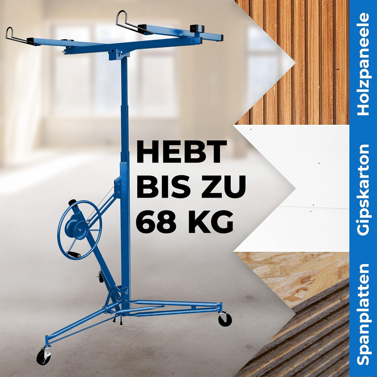 Plattenheber Trockenbau Plattenlift bis 325 cm und 68 kg für Rigipsplatten an Decken und Wänden 1 Mann Blau