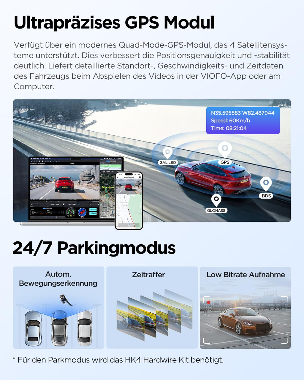 A229 Plus 2CH Dualkanal Dashcam Dual 2K HDR 5GHz WLAN GPS Sprachsteuerung Autokamera für Fahrzeuge