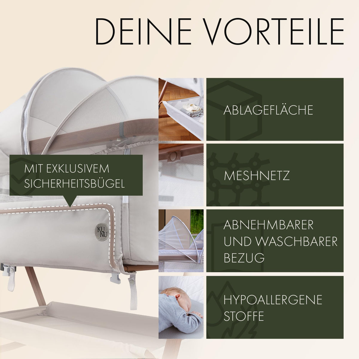 Babybett Beistellbett mit Rollen für Boxspringbett 3 in 1 Reisebett Stubenwagen Wiegefunktion höhenverstellbar