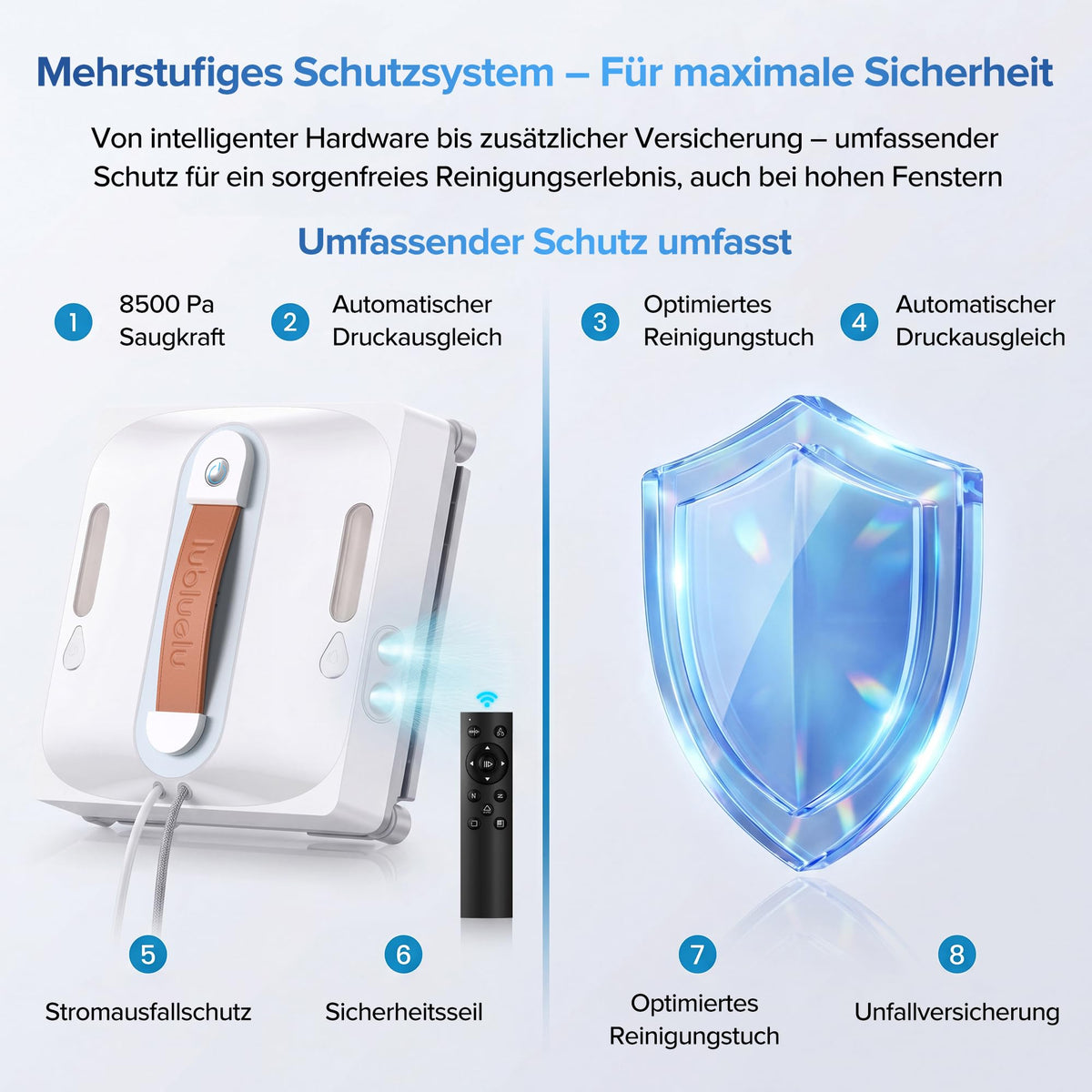 Elektrischer Fensterputzroboter mit KI Navigation und 8kPa Saugkraft für die Reinigung von Glas und Fenstern