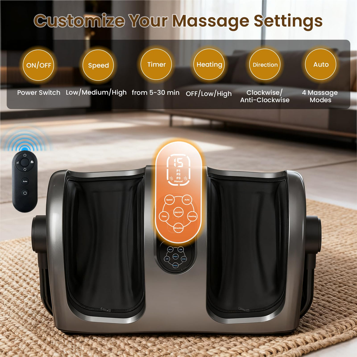 Shiatsu Fuß und Wadenmassagegerät elektrisch mit Wärme Knet und Rollmassage 360° verstellbar mit Fernbedienung