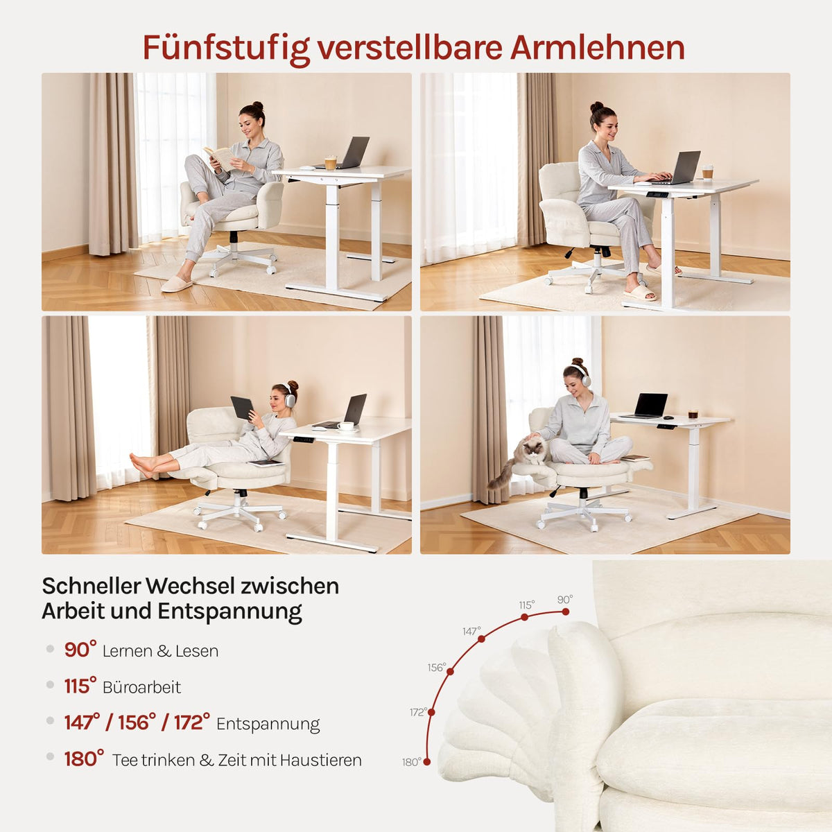 Bequemer Schreibtischstuhl mit Schneidersitz Funktion Chenille Drehstuhl Bürostuhl in Beige