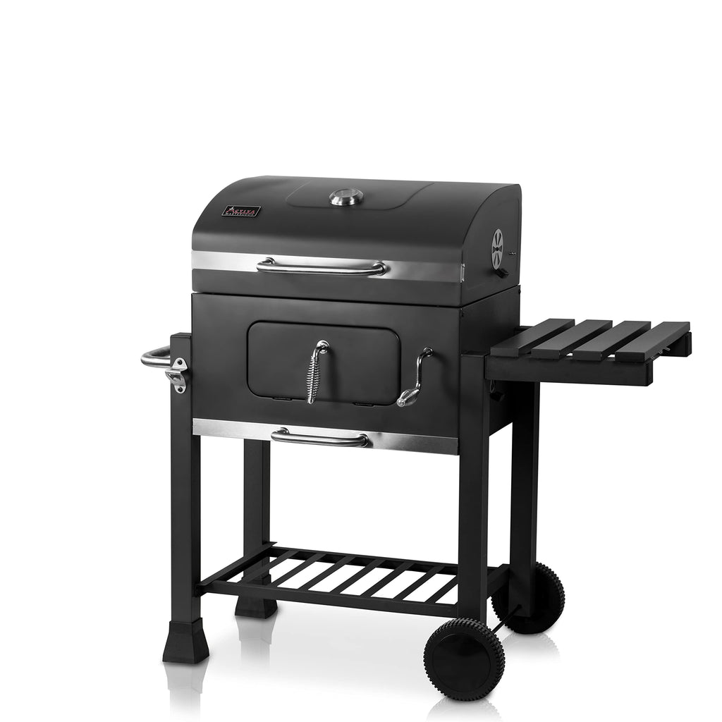 Holzkohlegrill Angular Guss Gusseisenrost Abdeckhaube Deckel verstellbare Kohlewanne Thermometer Grillwagen