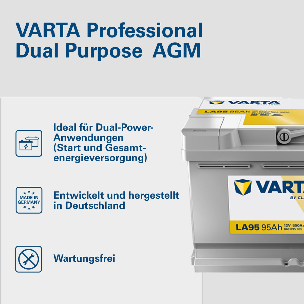 Dual Purpose AGM Batterie LA95 12V 95Ah 850A für Wohnmobile Wohnwagen Boote Starter und Versorger wartungsfrei