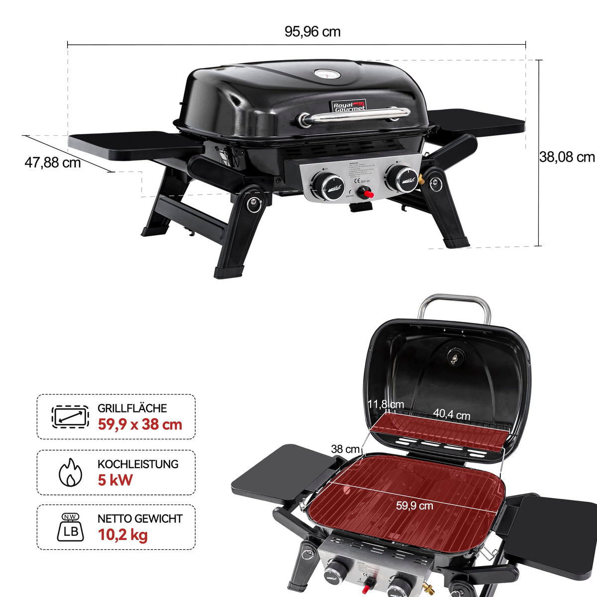2 Brenner Gasgrill 5 kW Tischgrill mit klappbaren Seitentischen tragbarer BBQ Grill für Balkon Garten Schwarz