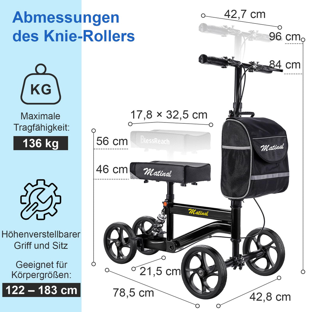 Knierollator für Erwachsene bei Fußverletzungen 20 cm Vorderrad Gehhilfe zur Entlastung im Alltag