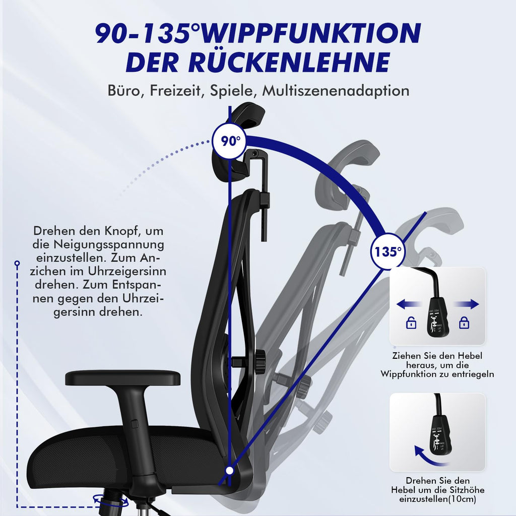 Ergonomischer Bürostuhl verstellbare Armlehnen Kopfstütze Naturschwamm Lendenstütze Wippfunktion 200kg Schwarz