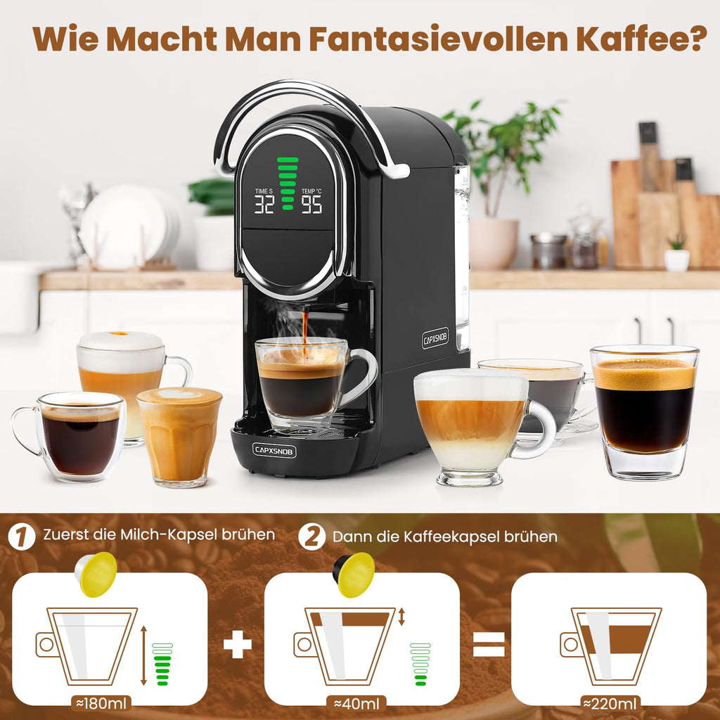 Mini 5in1 Kapselmaschine für Nespresso Dolce Gusto Lavazza ESE Pad Pulver 20bar 1450W LED 7 Stufen Heiß Kalt