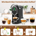Mini 5in1 Kapselmaschine für Nespresso Dolce Gusto Lavazza ESE Pad Pulver 20bar 1450W LED 7 Stufen Heiß Kalt