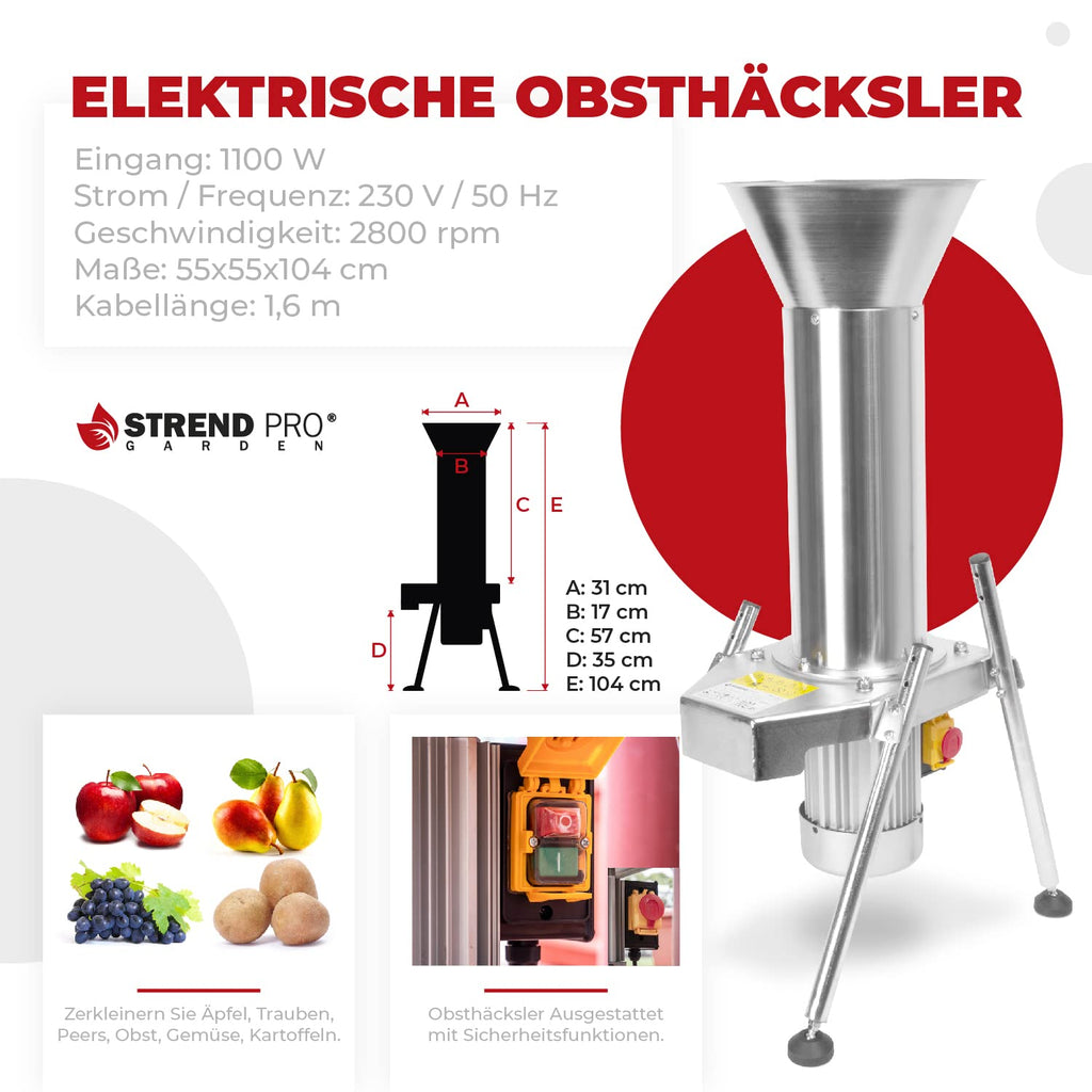 Obsthäcksler Edelstahl 1100W 2800rpm Motor elektrisch für Obst Beeren Kartoffeln Rübenmühle müheloses Hacken