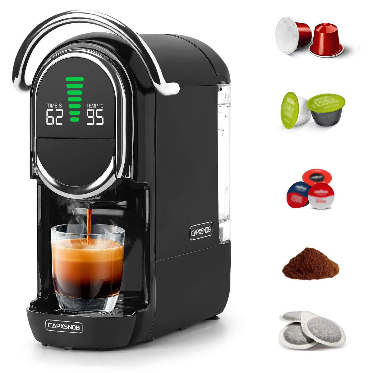 Mini 5in1 Kapselmaschine für Nespresso Dolce Gusto Lavazza ESE Pad Pulver 20bar 1450W LED 7 Stufen Heiß Kalt