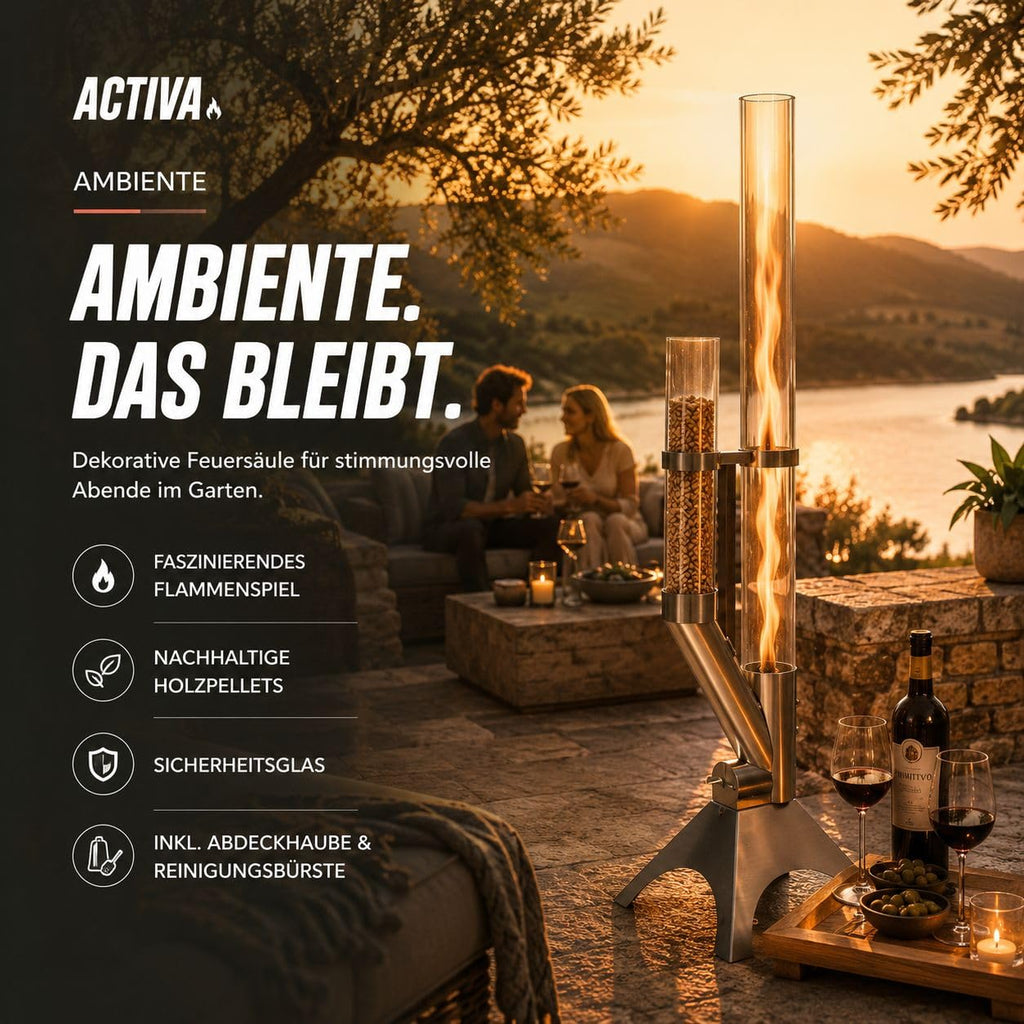 Feuersäule Outdoor mit Reinigungsbürste und Abdeckhaube Nachhaltige Pelletfackel für Gartenambiente