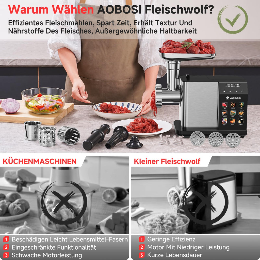 Elektrofleischwolf 3000W Max LED Anzeige 9 Stufen Edelstahl Schneideaufsatz Wurstfüller Kibbe Maker Behälter