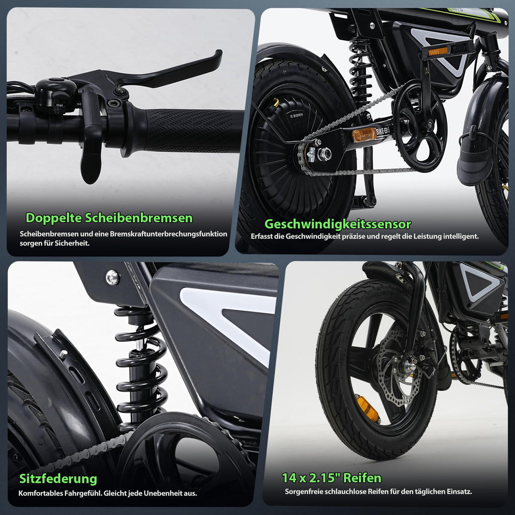 EBike Klapprad 14 Zoll Pedelec Citybike 36V 12Ah Akku 250W Motor 50 km Faltrad LED App Herren Damen Pendler