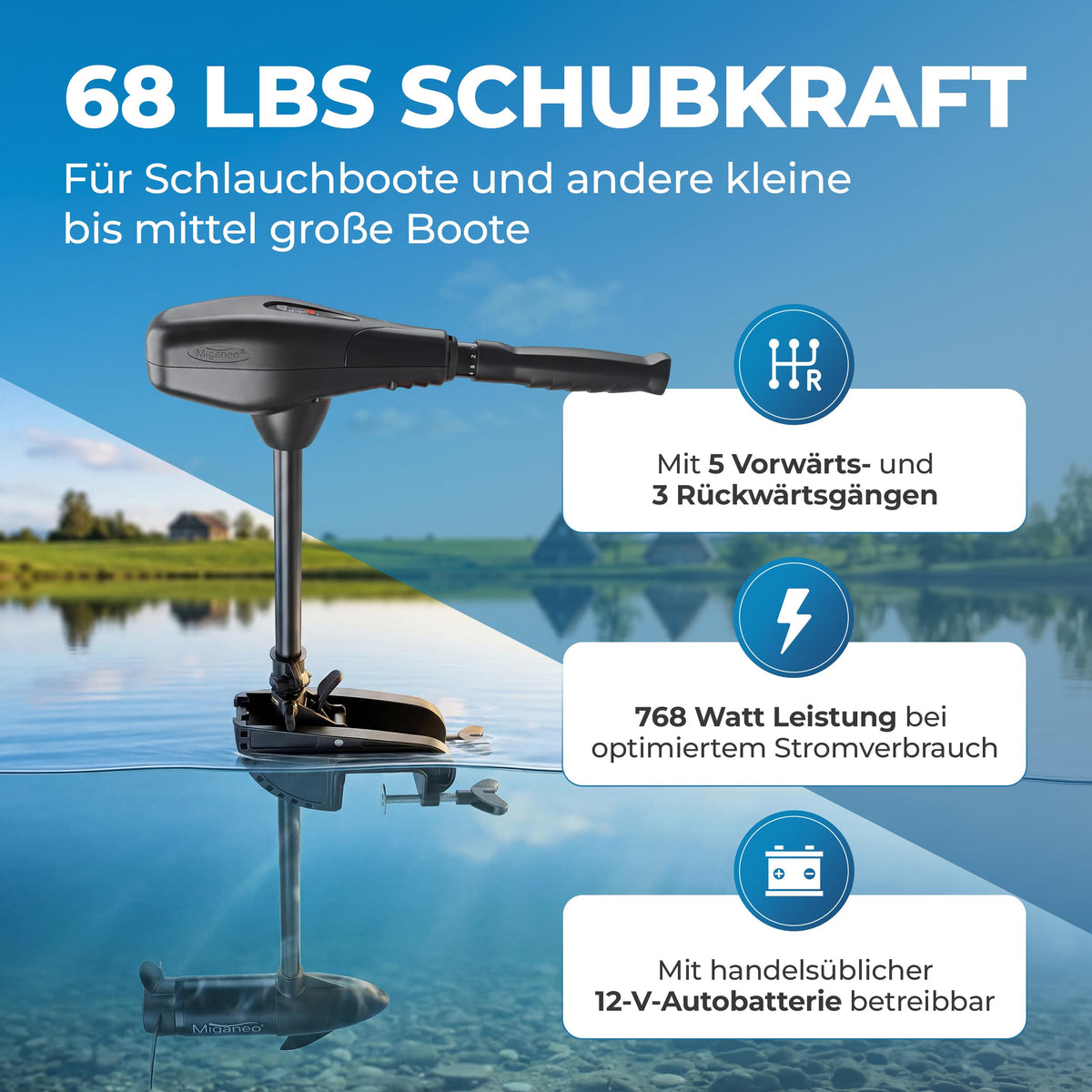 Elektromotor TRS 68 lbs Außenborder 768 W salzwasserfest LED Batterieanzeige 12V 5 Vorwärts 3 Rückwärtsgänge