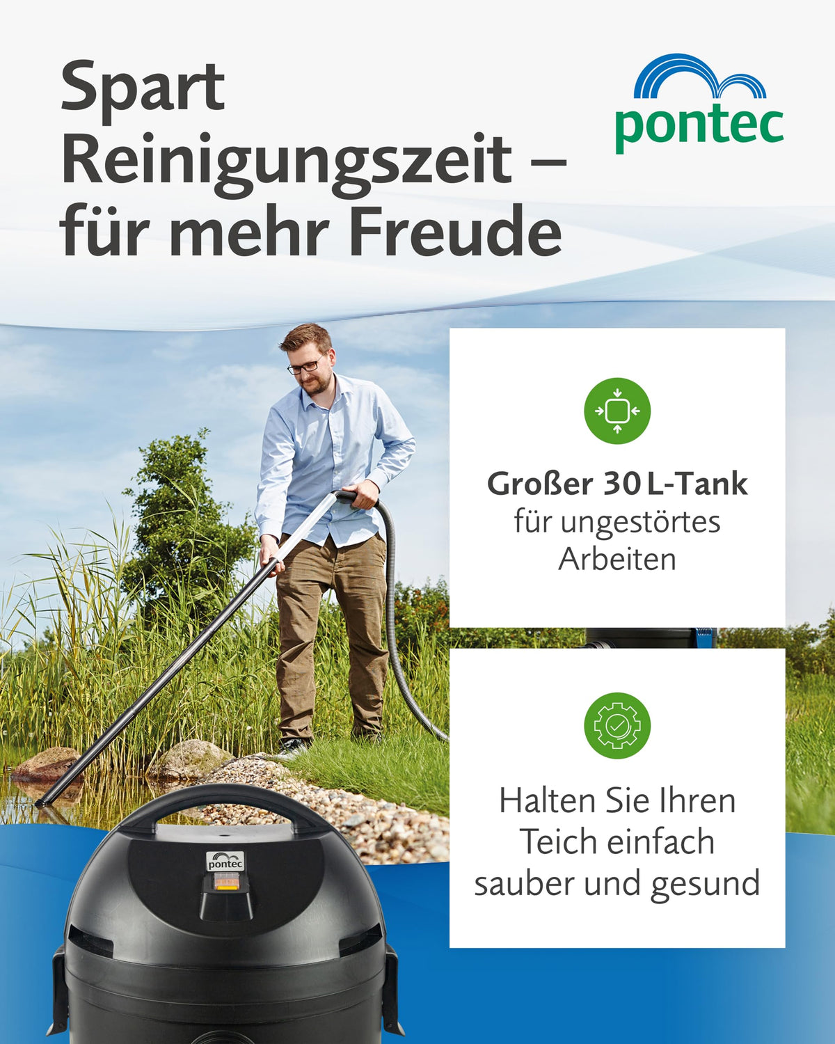 Pondomatic Teichschlammsauger 1400 W 30 L Auffangvolumen 3 Düsen 4 m Kabel