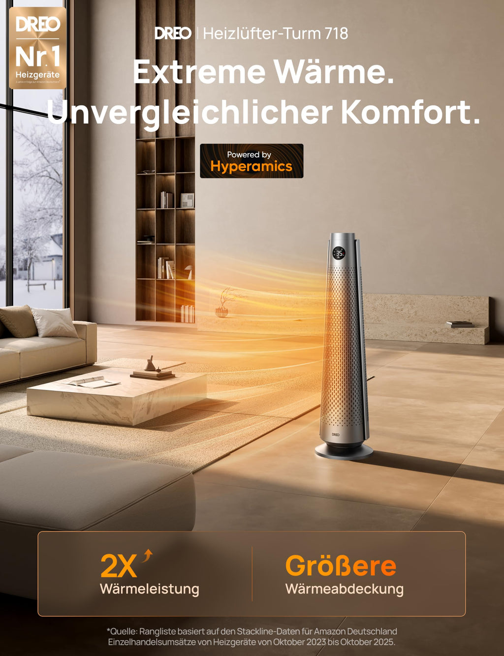 Heizlüfter energiesparend 2000W PTC Keramik 25 dB leise 120° Oszillation Thermostat 12H Timer Fernbedienung