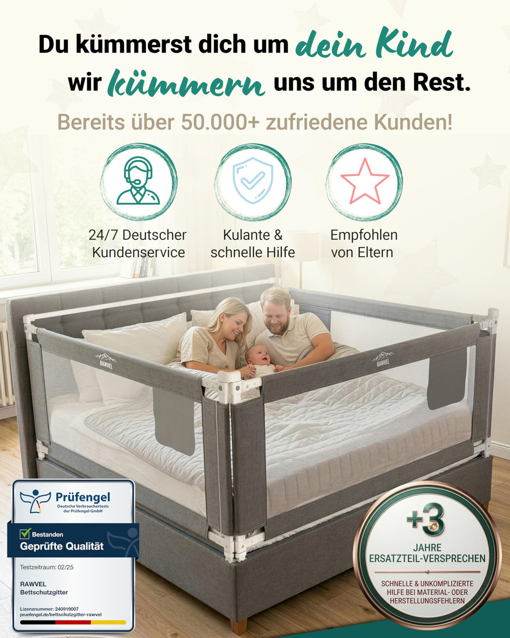 Bettgitter Rausfallschutz Boxspringbett 180x200 cm 3 Seiten Stange laborgeprüft Elternbett deutsche Anleitung