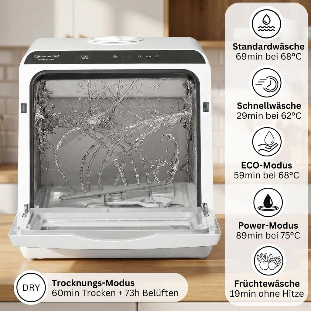 Kompakter Mini Tischgeschirrspüler SP5 mit 5L Tank 6 plus 1 Funktionen Touch LED Energieklasse F