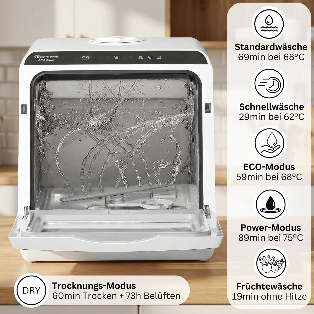Kompakter Mini Tischgeschirrspüler SP5 mit 5L Tank 6 plus 1 Funktionen Touch LED Energieklasse F