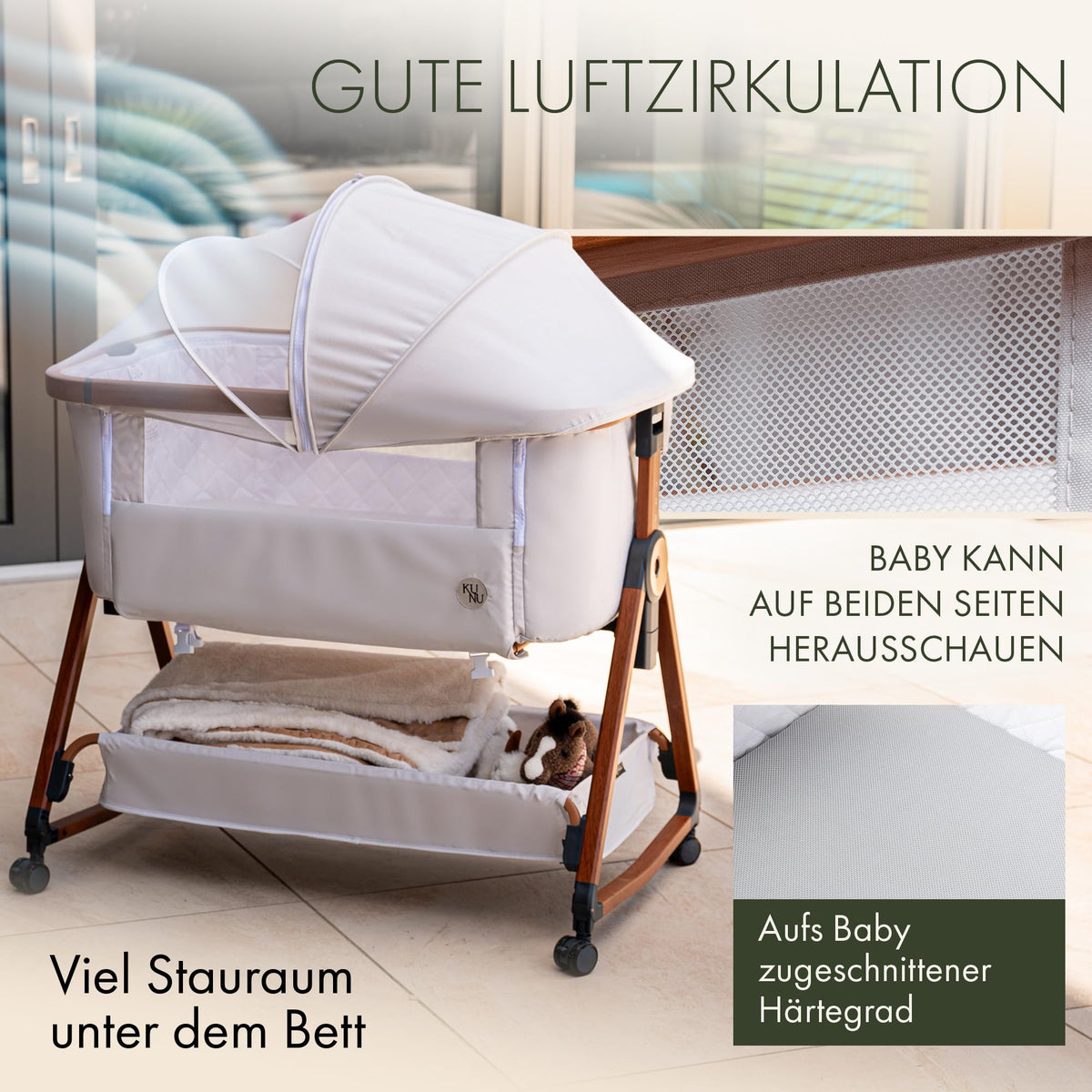 Babybett Beistellbett mit Rollen für Boxspringbett 3 in 1 Reisebett Stubenwagen Wiegefunktion höhenverstellbar