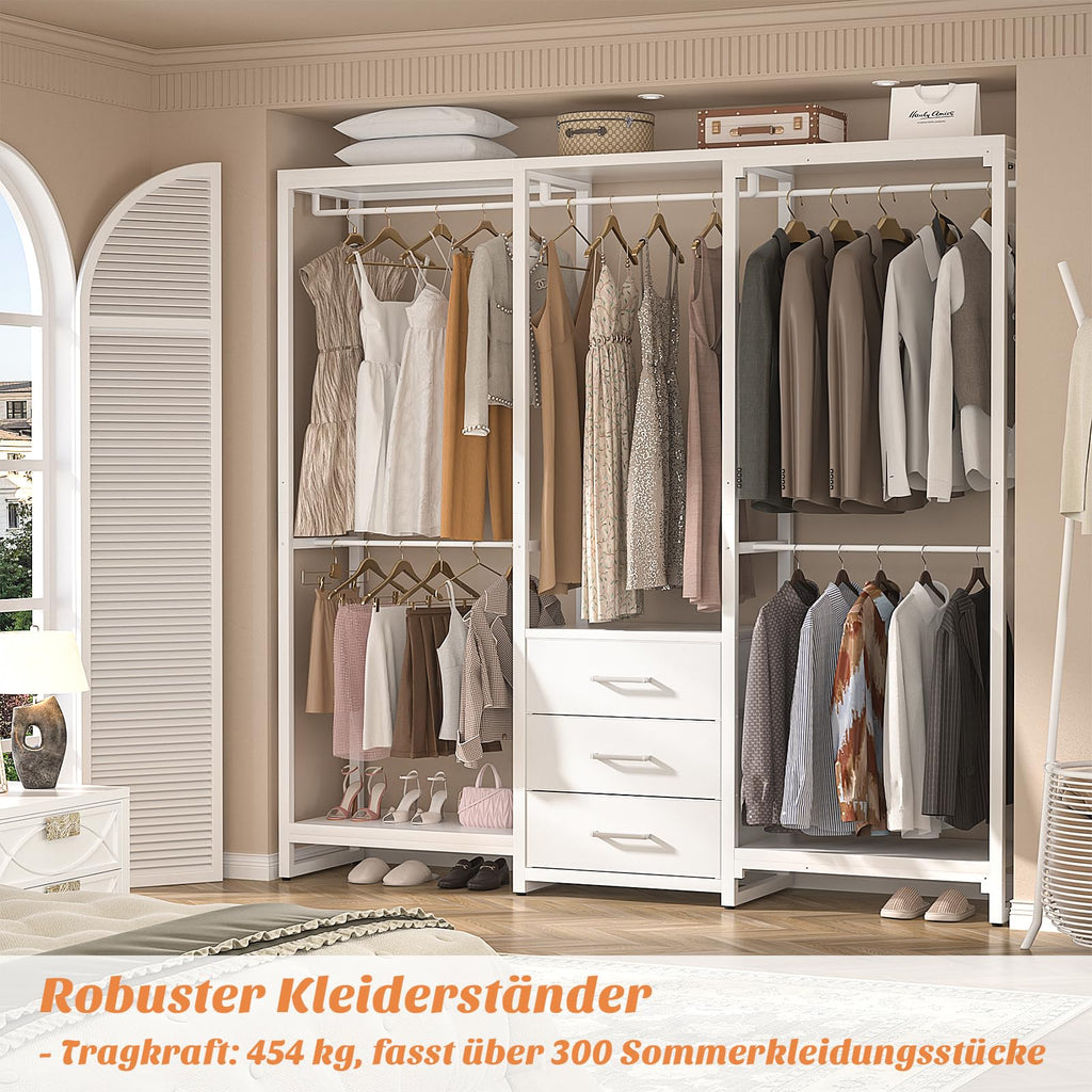 Robuster Kleiderständer mit Schubladen, freistehender Kleiderschrank, Eck Schranksystem in L Form, Weiß