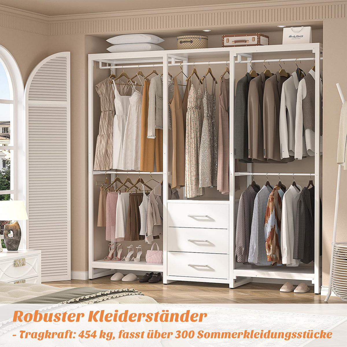 Robuster Kleiderständer mit Schubladen, freistehender Kleiderschrank, Eck Schranksystem in L Form, Weiß