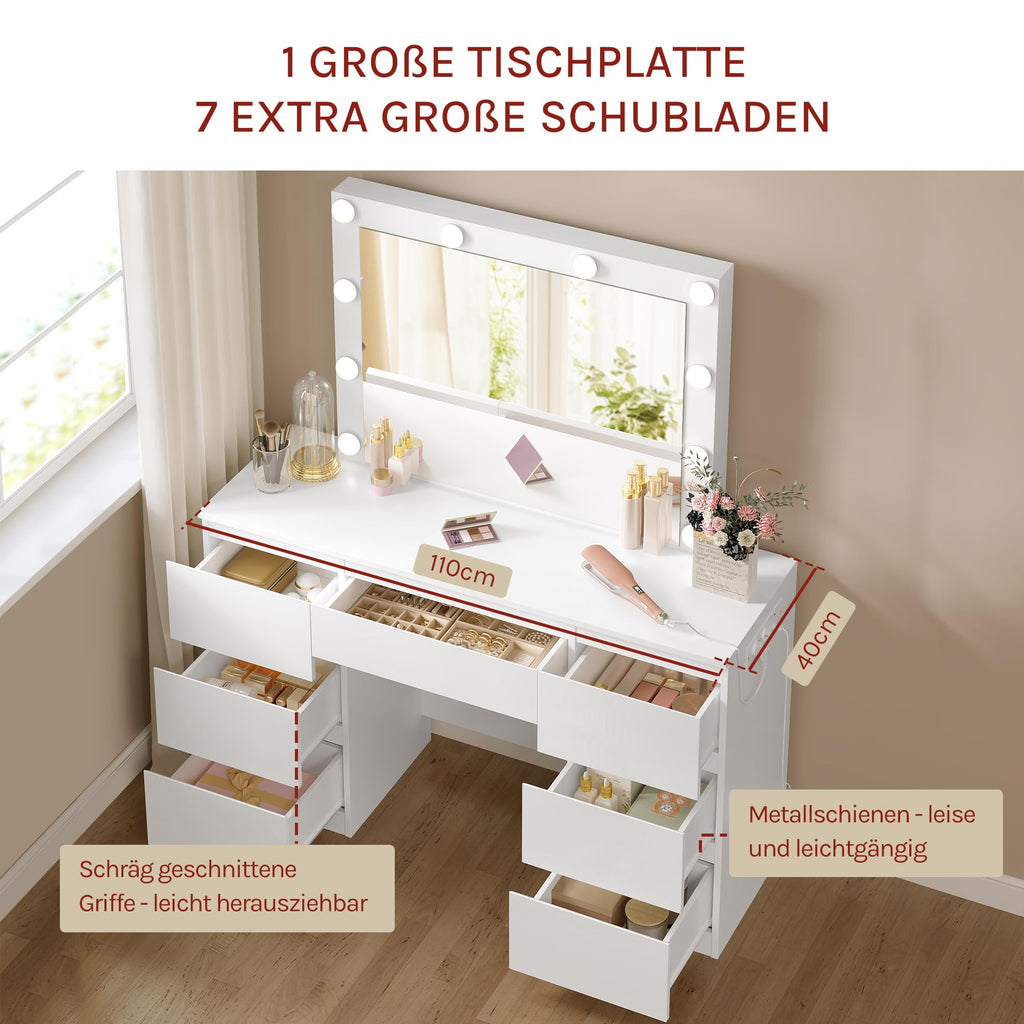 Schminktisch mit Hollywood Beleuchtung LED Spiegel Steckdose und 7 Schubladen für Schlafzimmer