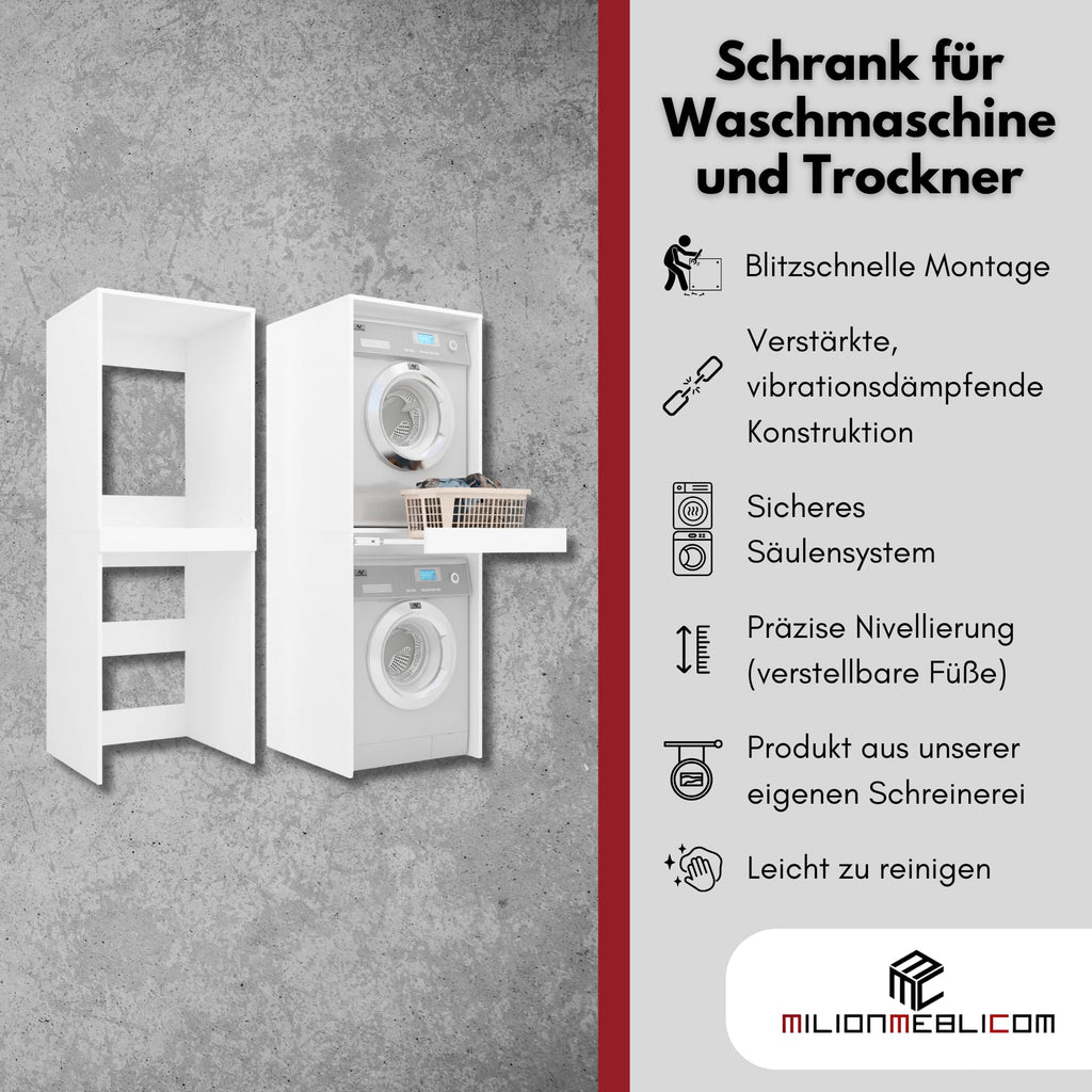 Waschmaschinenschrank für Waschmaschine und Trockner 183,7x65x66 cm ausziehbarer Regalboden Hochkant 18mm Weiß
