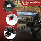 2 Brenner Gasgrill 5 kW Tischgrill mit klappbaren Seitentischen tragbarer BBQ Grill für Balkon Garten Schwarz