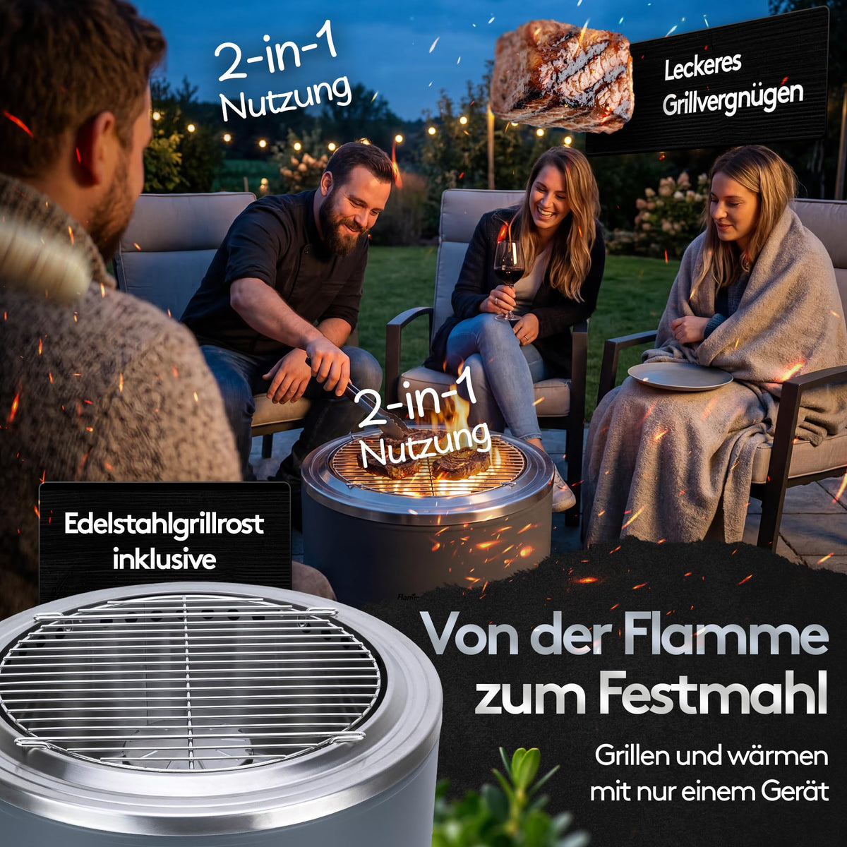 Feuerschale rauchfrei Edelstahl Durchmesser 56 cm mit Turbo Brenner 2in1 für Garten Terrasse