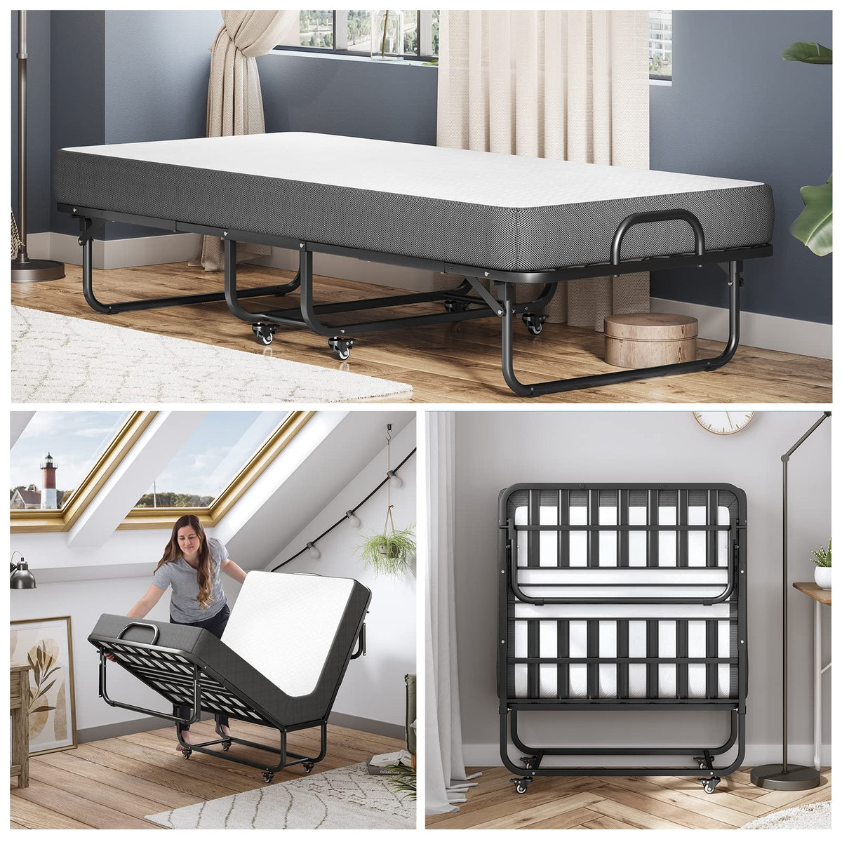 Klappbett 90x200 cm Erwachsene Gästebett 13cm Gedächtnisschaum Matratze klappbar Metallrahmen Rollen bis 200kg