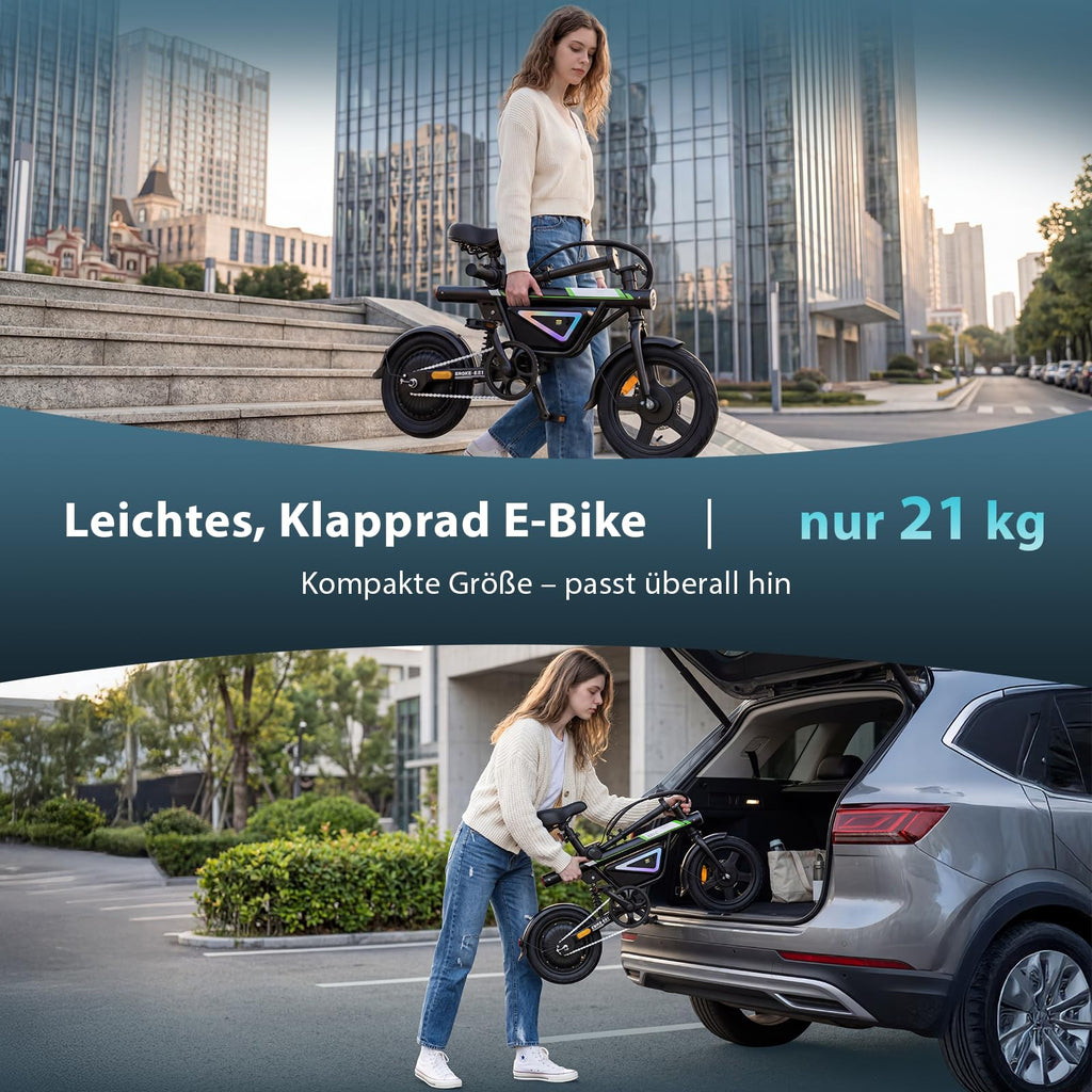 EBike Klapprad 14 Zoll Pedelec Citybike 36V 12Ah Akku 250W Motor 50 km Faltrad LED App Herren Damen Pendler