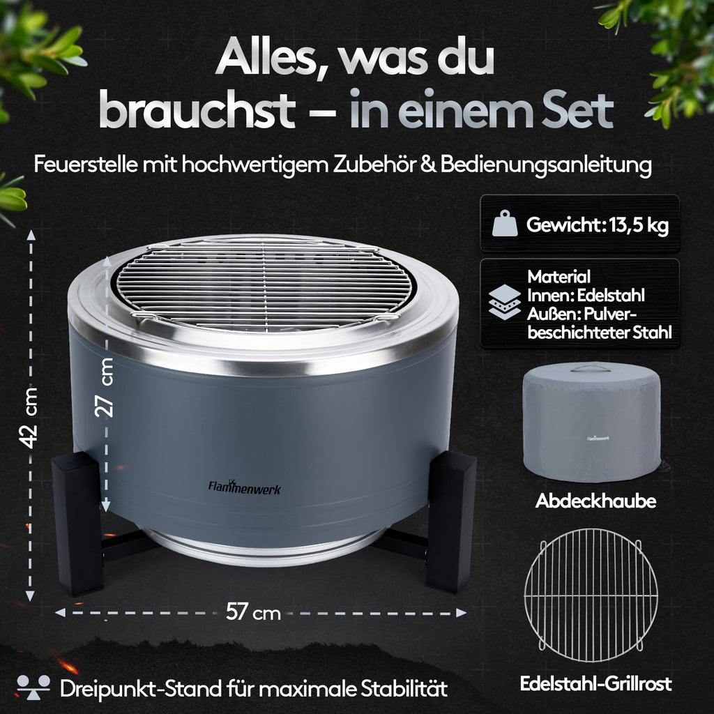 Feuerschale rauchfrei Edelstahl Durchmesser 56 cm mit Turbo Brenner 2in1 für Garten Terrasse