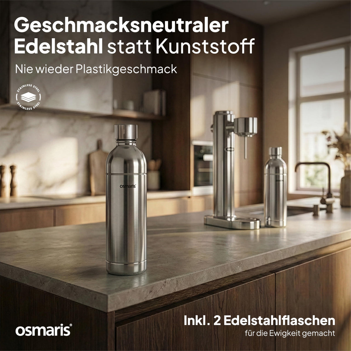 Wassersprudler Edelstahl inkl 2x 1,1 L Edelstahlflaschen geschmacksneutral 100% dicht Druckablassventil Küche