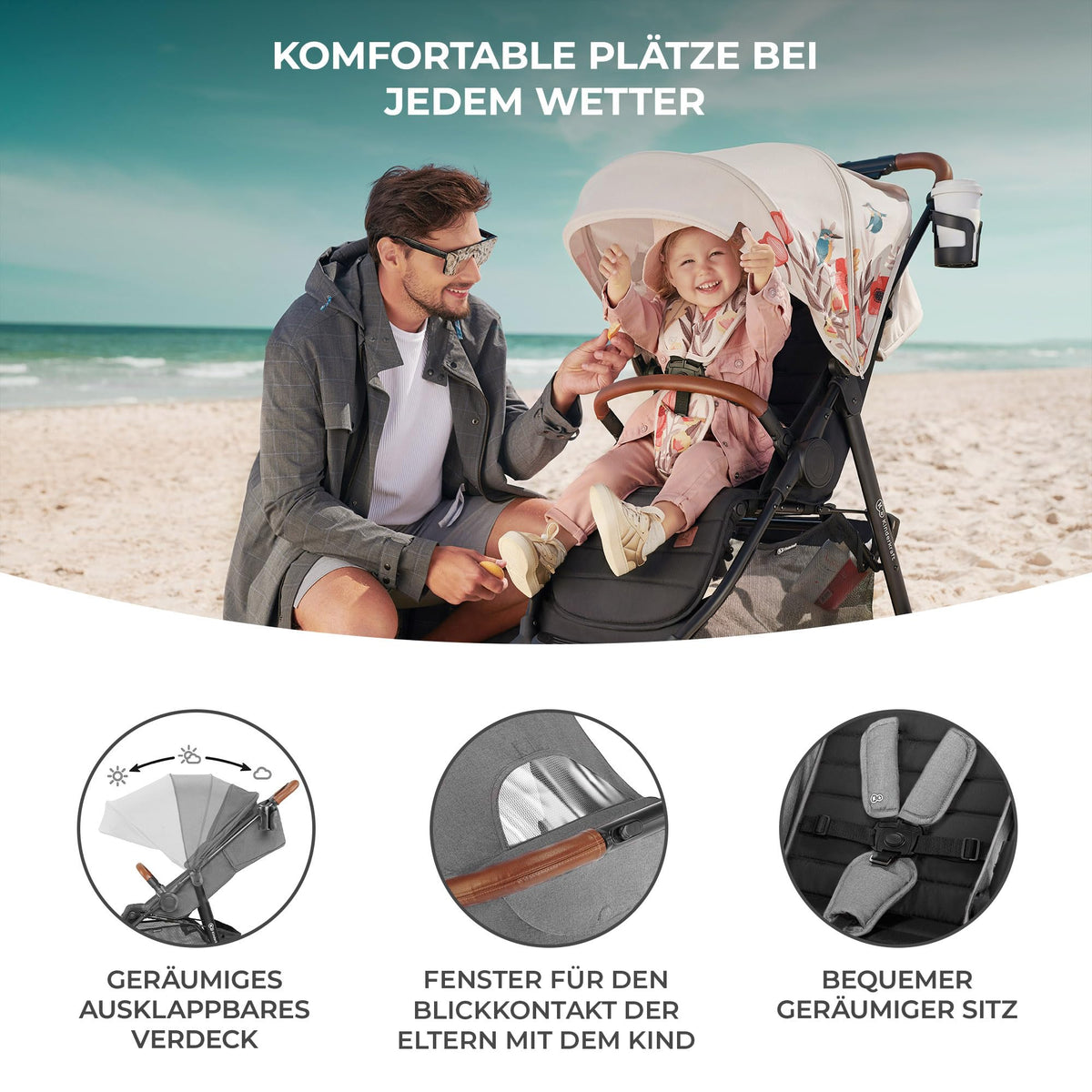 Grande Plus Buggy von Geburt bis 22 kg einhandfaltbar Liegeposition Verdeck mit Fenster 4 gefederte Räder Grau